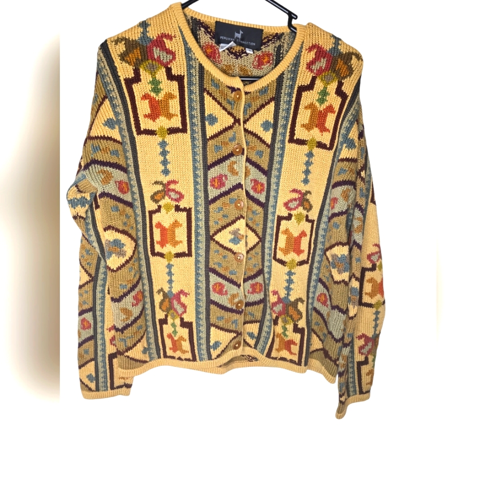 Peruvian Connection Vintage Knit Ethnic Art-To-Wear Cardigan Sweater Sz Large